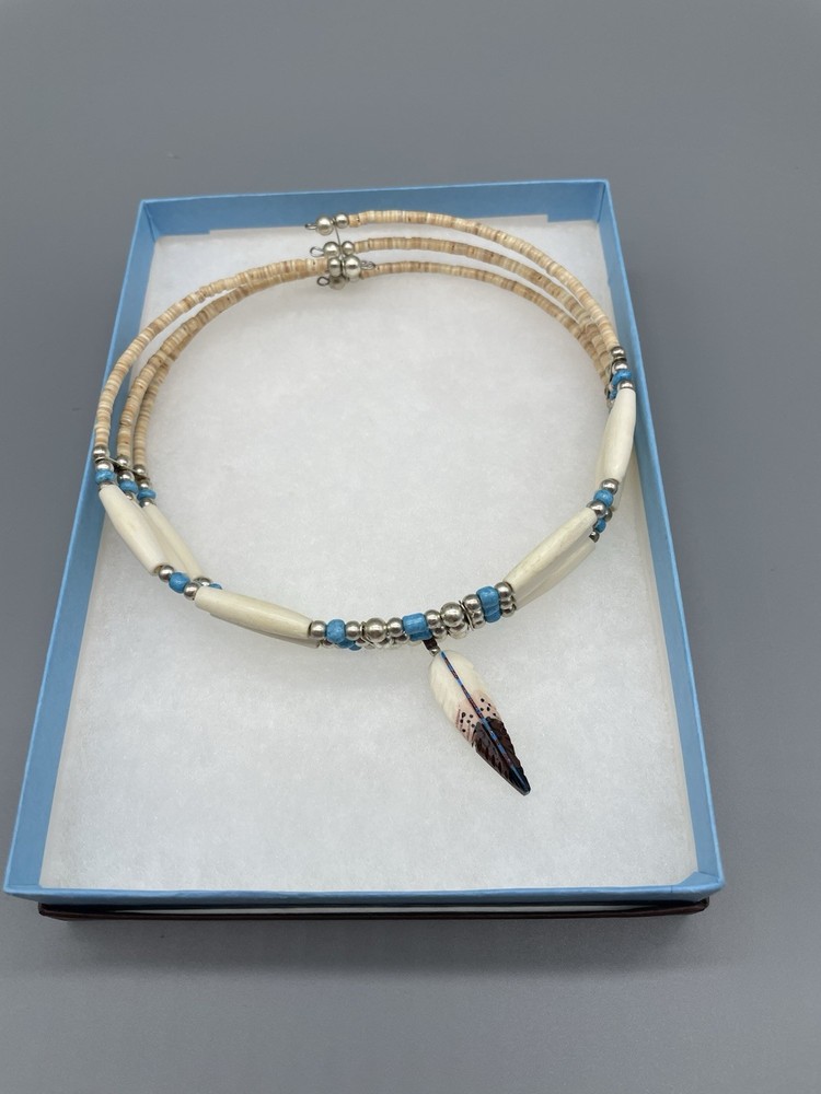 Handmade native necklace cream, turquoise, silver beads with feather