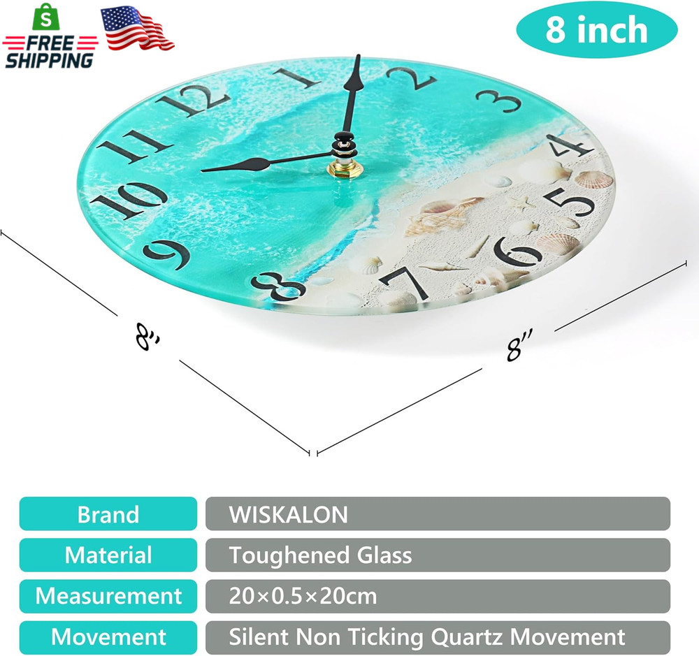 Coastal Nautical Glass Wall Clock with Seashell Design and Aesthetic Beach Theme
