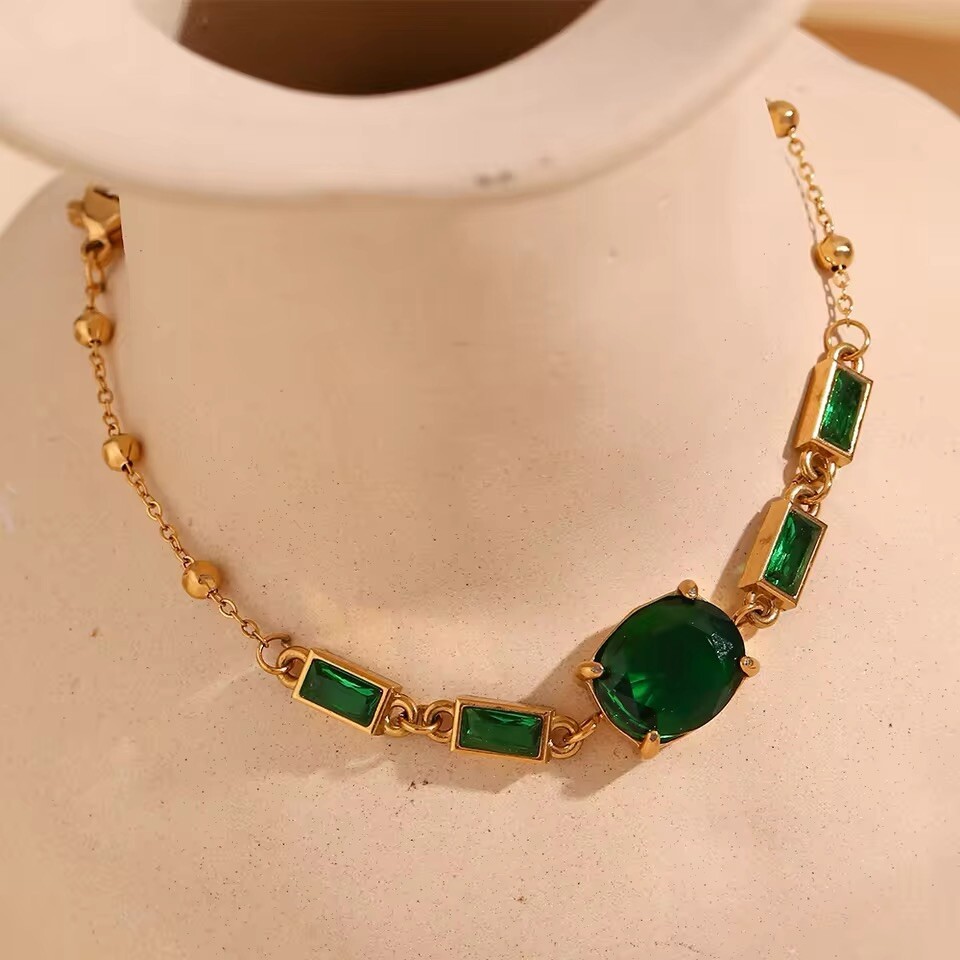 Green Oval Rectangular Bracelet Water Resistant 18K Gold Plated Prong Setting