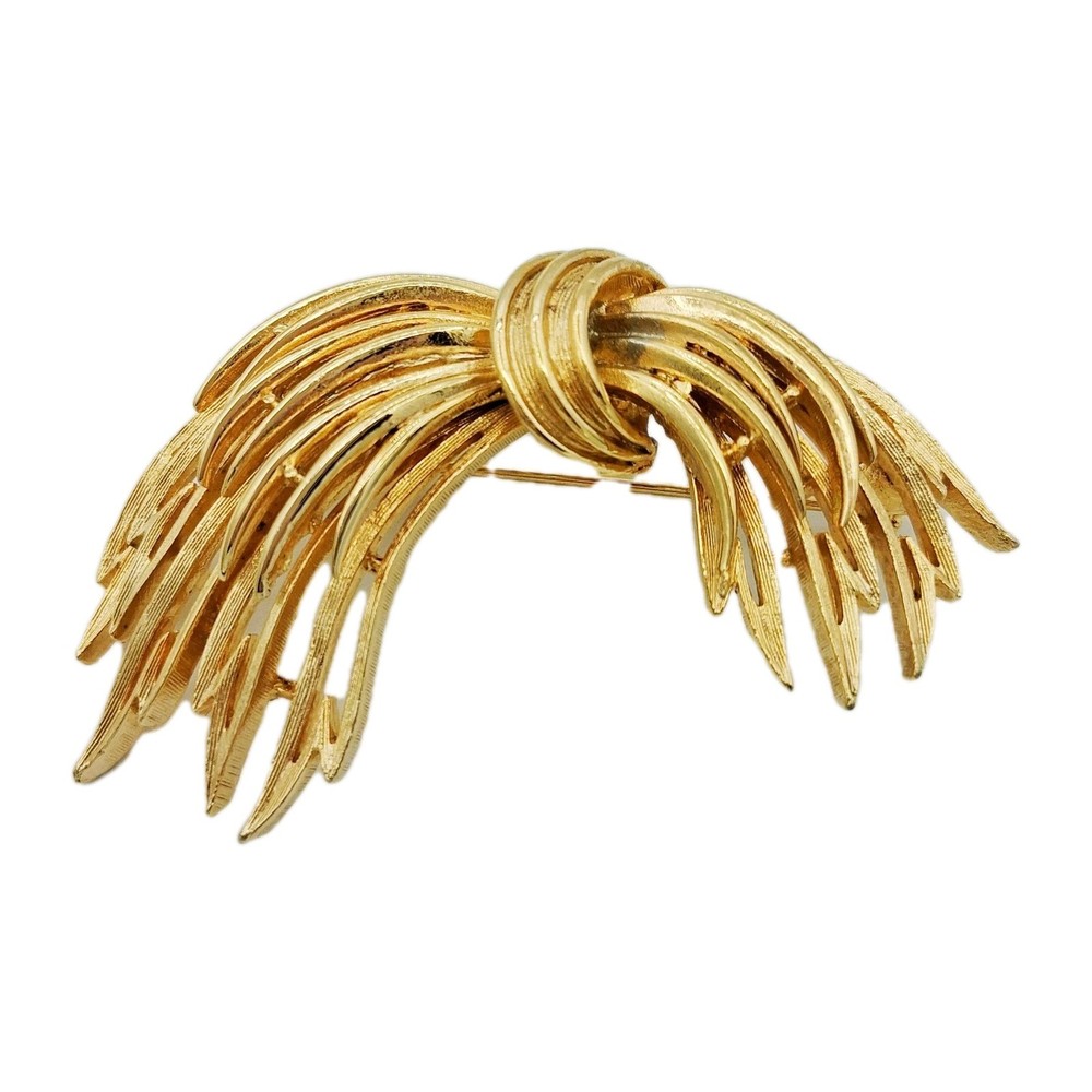 Vtg 60s Lisner Gold Tone Leaf Bundle Brooch 3" Textured Ribbon Style Pin