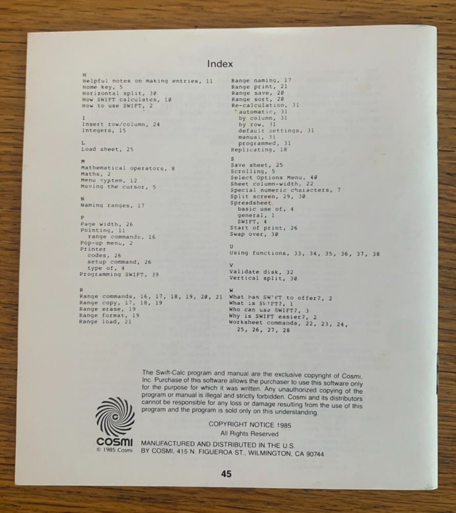 Cosmi Swift-Calc Spreadsheet Manual Commodore 64 C64