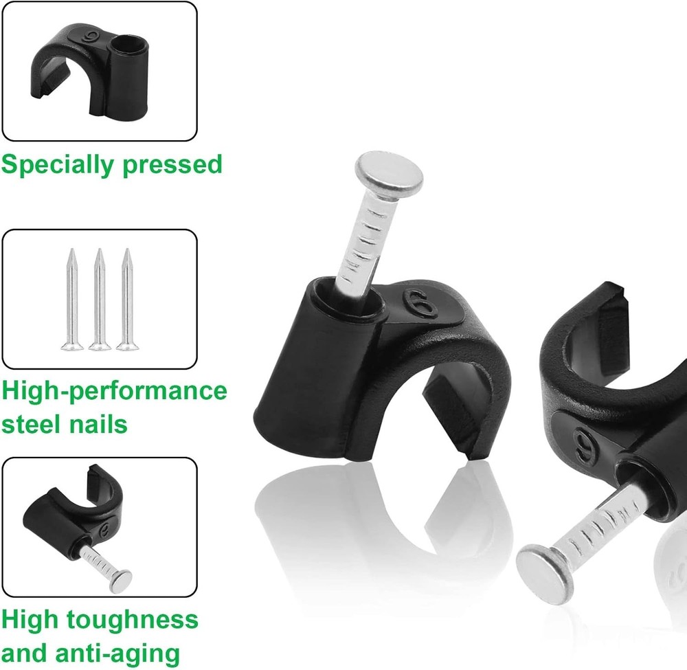 100pcs Black 1/4" Half Clamp J-Hook Nail Clips for Cable & Pipe Management
