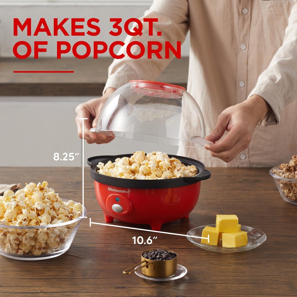 Elite Gourmet EPM330R Automatic Stirring 12-cup Popcorn Maker 3-Quart, Red