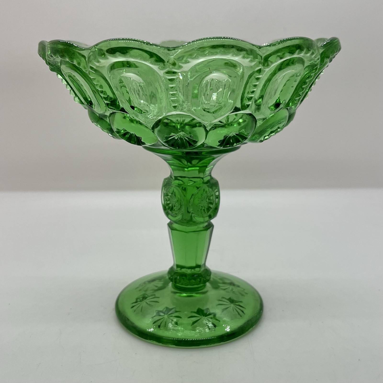 Vintage Fenton LG Wright Moon and Stars Green Glass 5.75" Open Jelly Compote