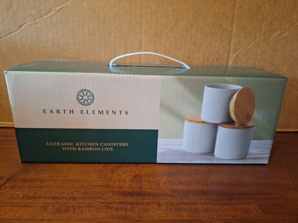 Earth Elements (3) Ceramic Kitchen Canisters With Bamboo Lids