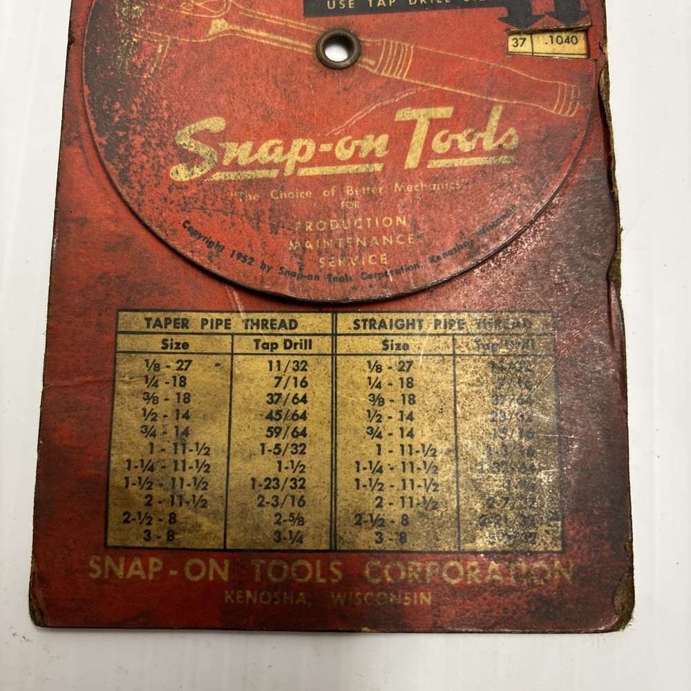 Snap-on Tools 5-52 Tap Drill Size Indicator Circular Round Slide Rule Chart 1952