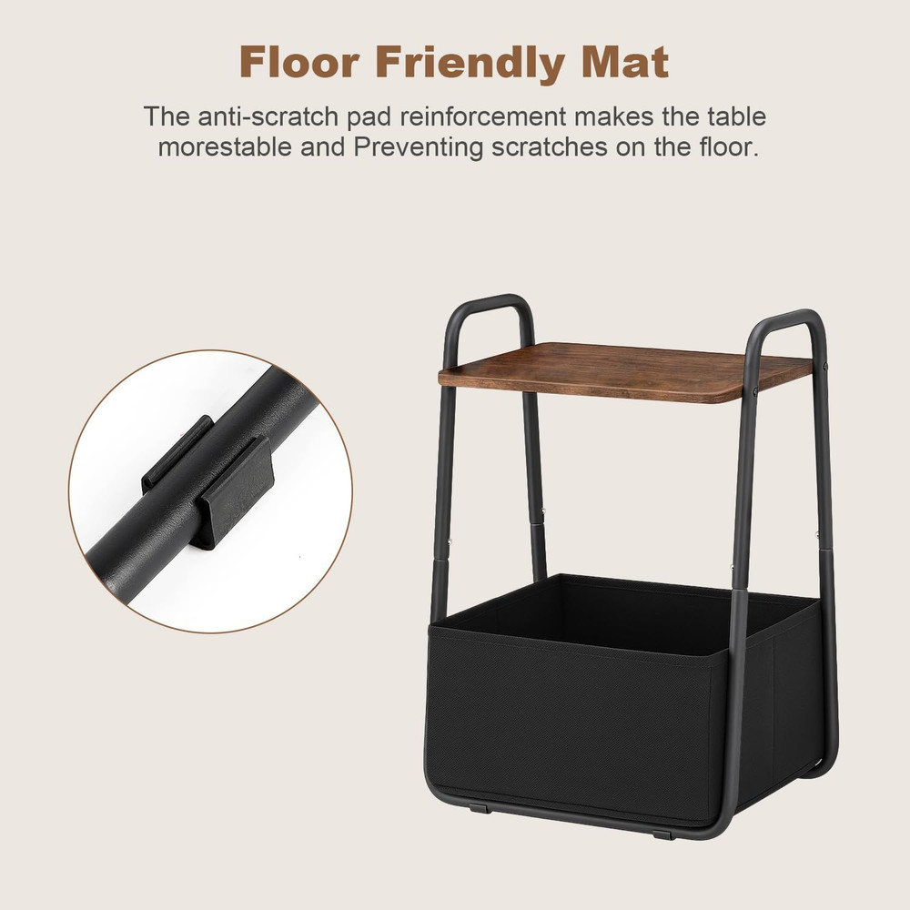 Rustic Brown Metal Frame Nightstand - Small Side Table with Fabric Storage Baske