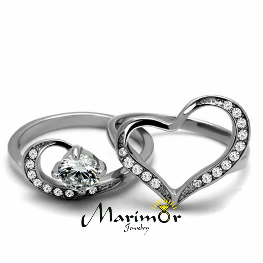 Women's 1.2 Ct Round Cut Cz 2 Piece Heart Shape Stainless Steel Wedding Ring Set
