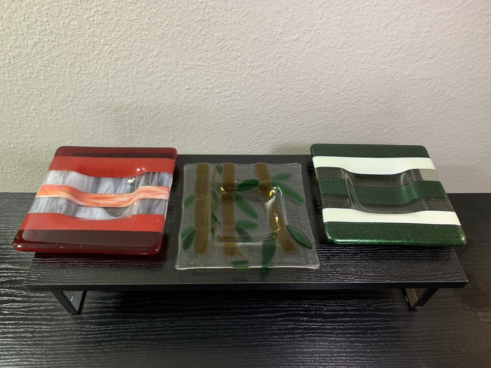 Fused Glass Trinket Dish Tray Iridescent Three Unique Patterns Decorative