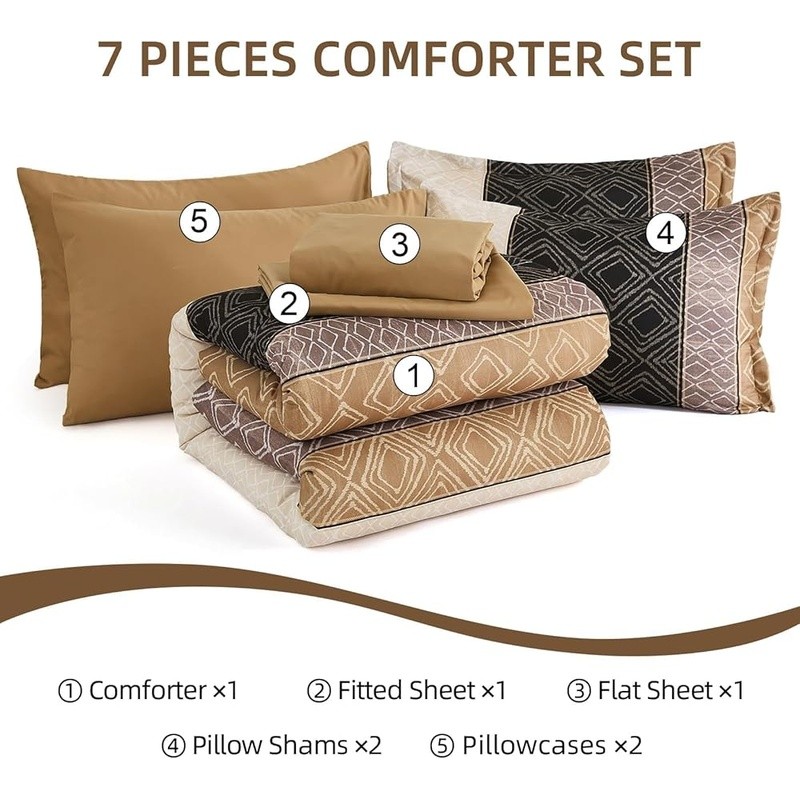 King Comforter Set Striped Bed in a Bag King 7 Pc Soft Boho Bedding Brown