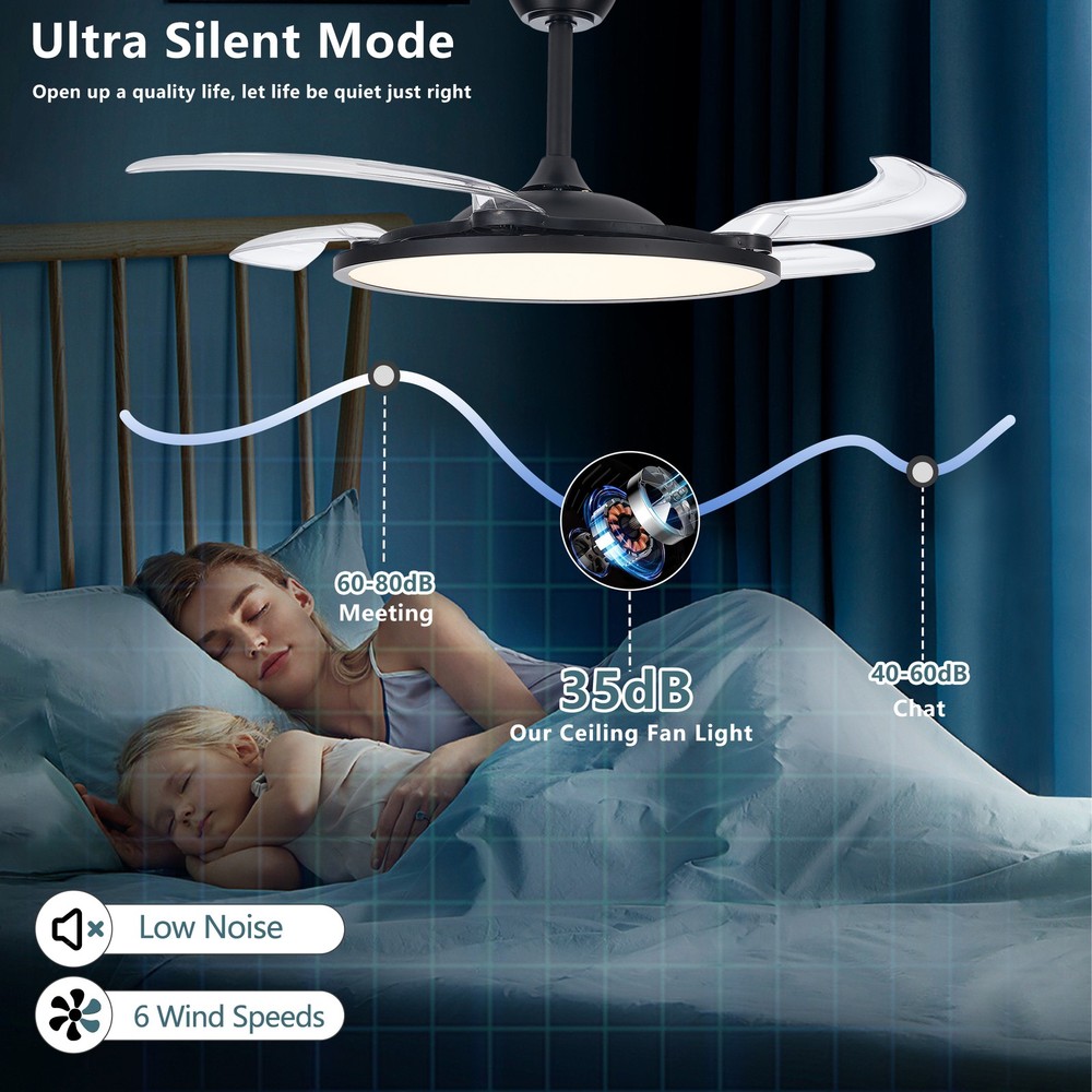 42" LED Ceiling Fan Light Dimmable 3CCT Retractable Blade w Remote & APP Control
