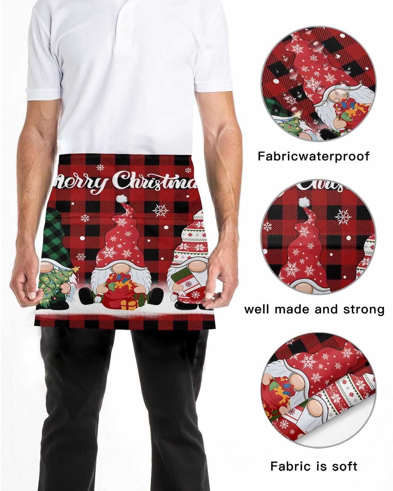 Server Apron Waitress Half Apron with 3 Pockets, Christmas Print