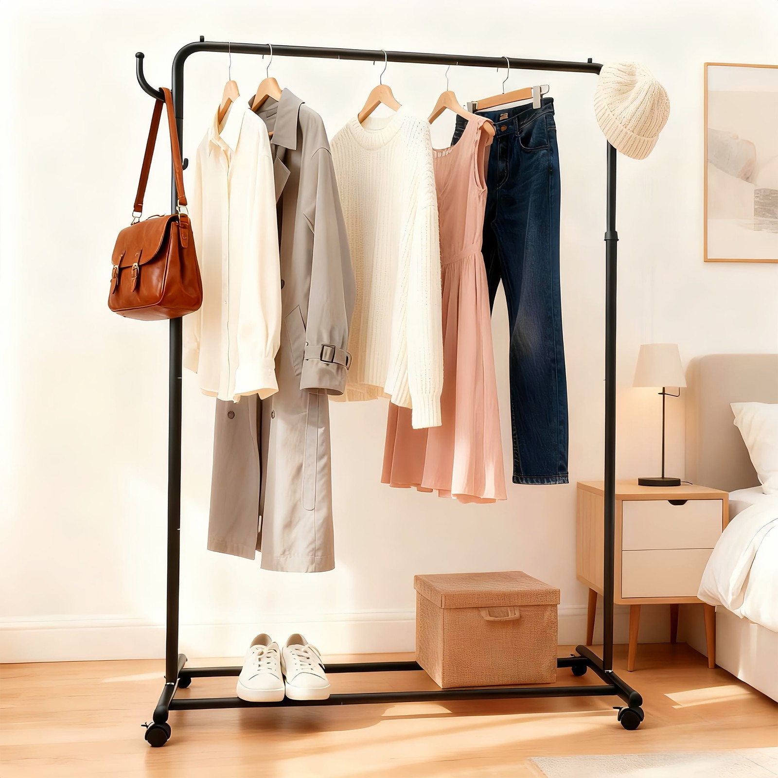 Wheeled clothes rack with storage shelf, black