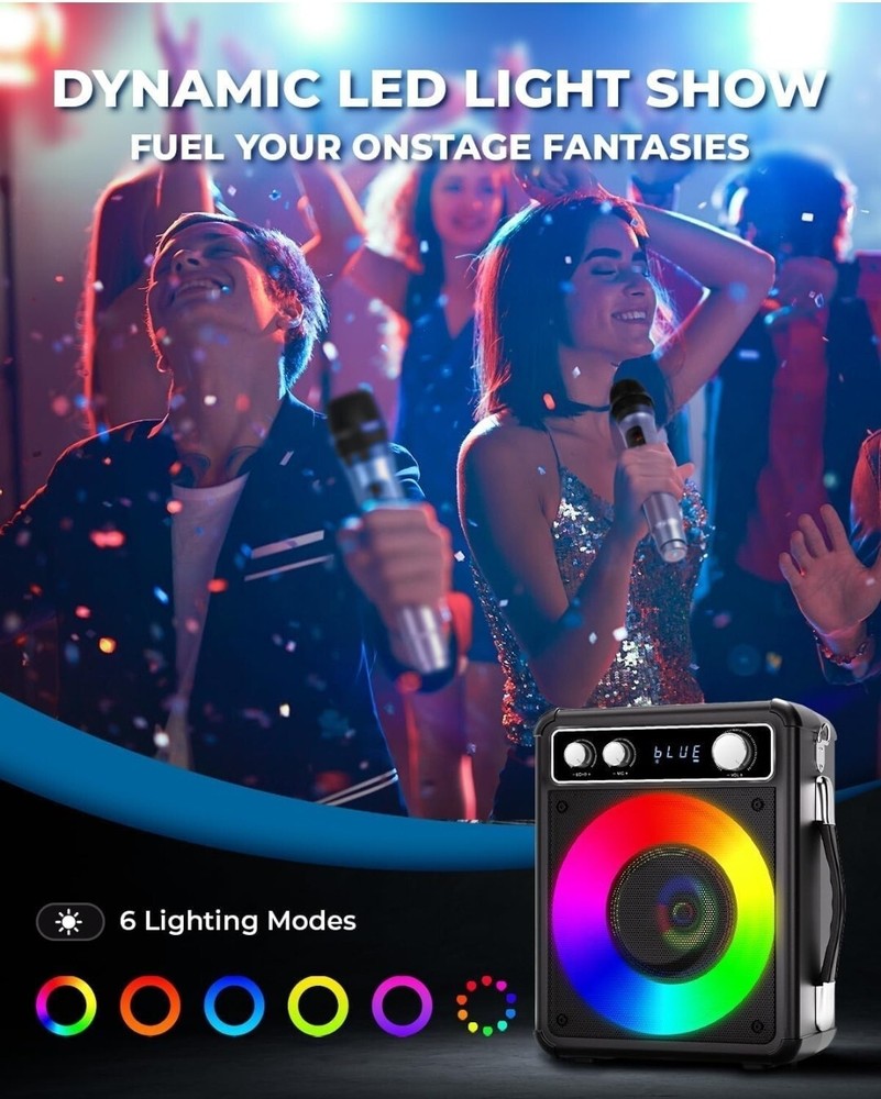 Karaoke Machine, Portable Bluetooth 2 Wireless Microphones, 5.1 Speaker Light..