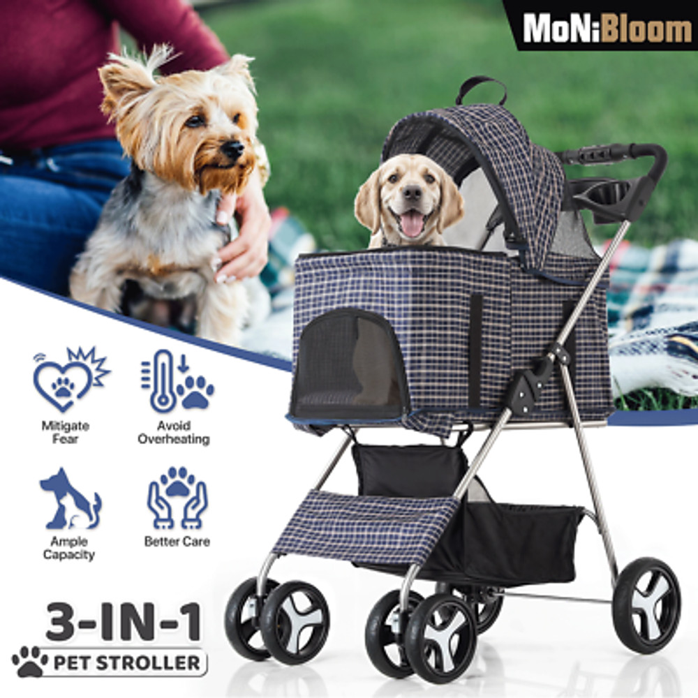 4 Wheels Pet Stroller Foldable Cat Cage Puppy Stroller Storage Basket+Cup Holder