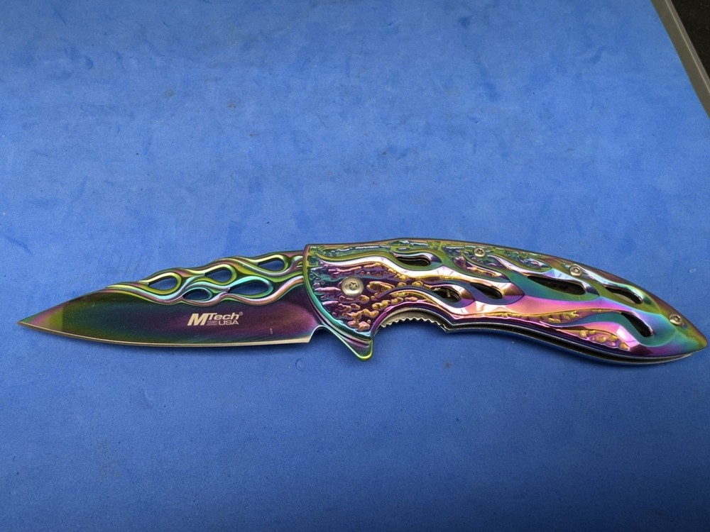 MTECH Assisted Opening Pocket Knife Rainbow Flame Cutout Fire Pattern Blade EDC