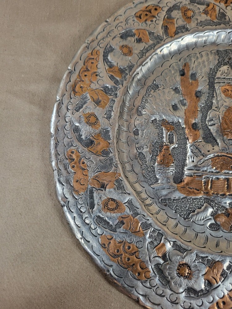 Vintage Hammered Copper & Silver Tone Hanging Wall Display Plate