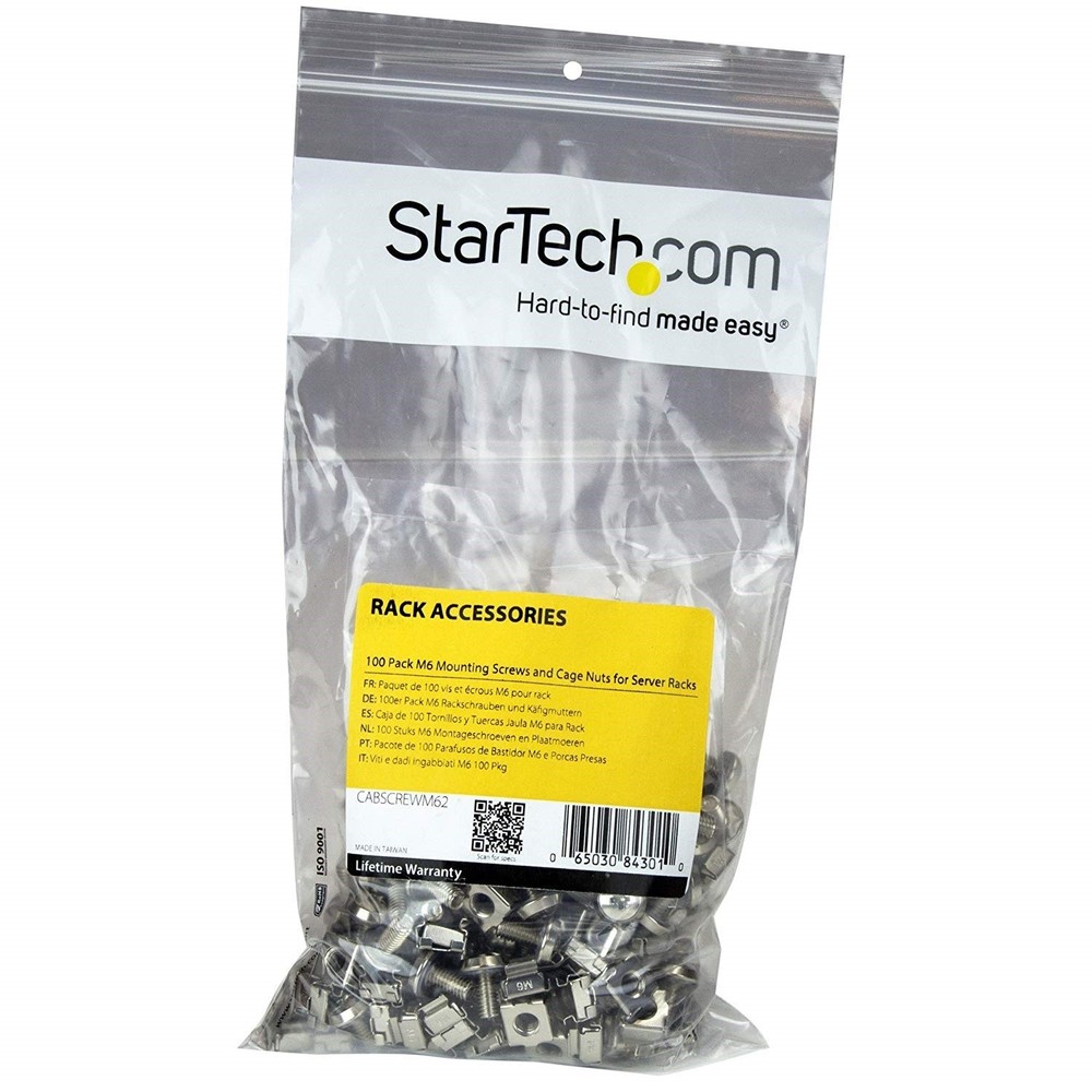 StarTech M6 Mounting Screws and Cage Nuts for Server Rack Cabinet - 100 Pack