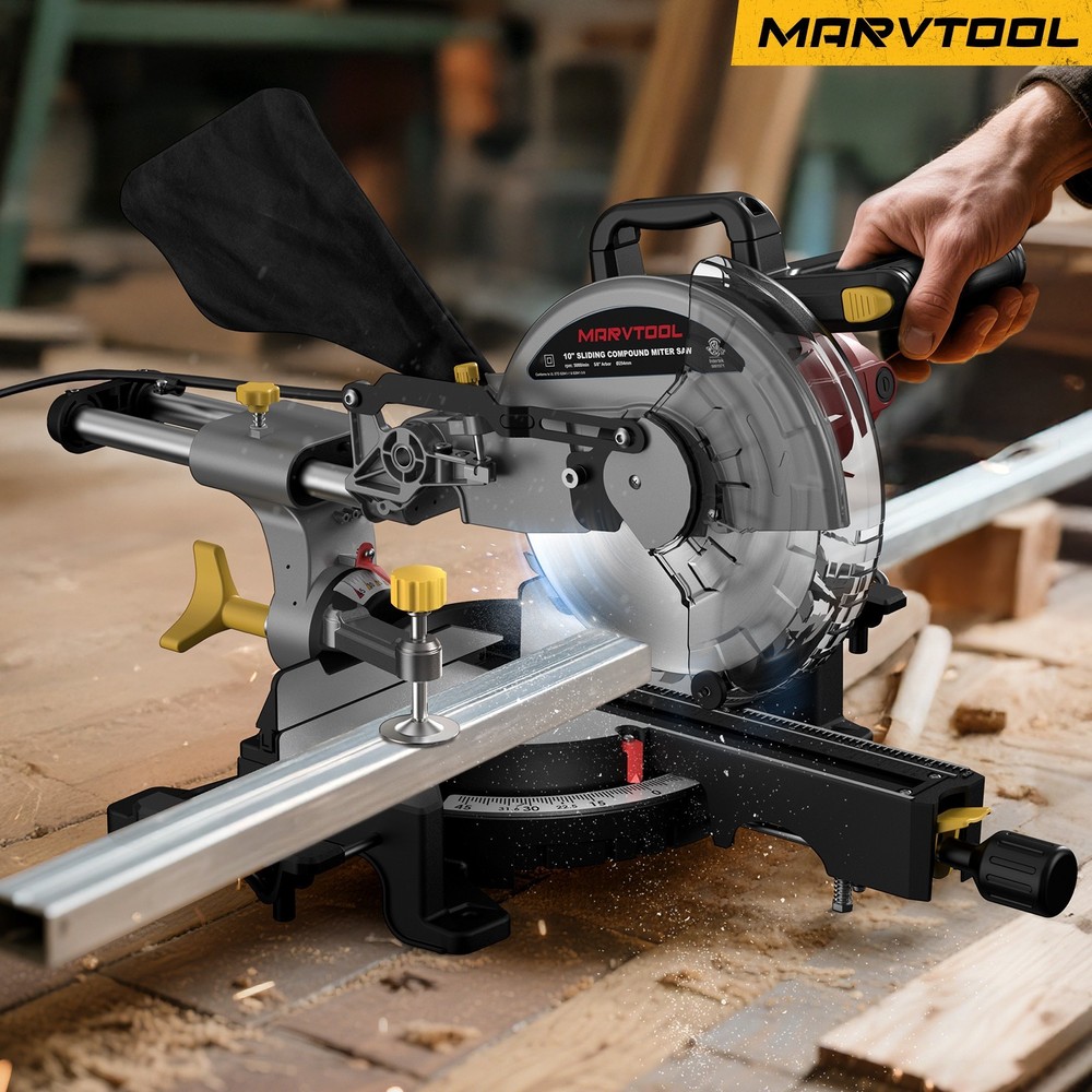 Marvtool 10-Inch Sliding Compound Miter Saw Single Bevel Compact Extension Table