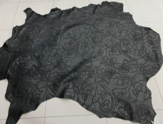 lambskin leather hide Jet Black Perforated Victorian Floral Scroll pattern 1.5oz