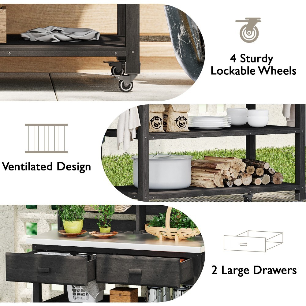 64.9"H Solid Wood Potting Bench Table w/ Lockable Wheels,Outdoor Kitchen Storage