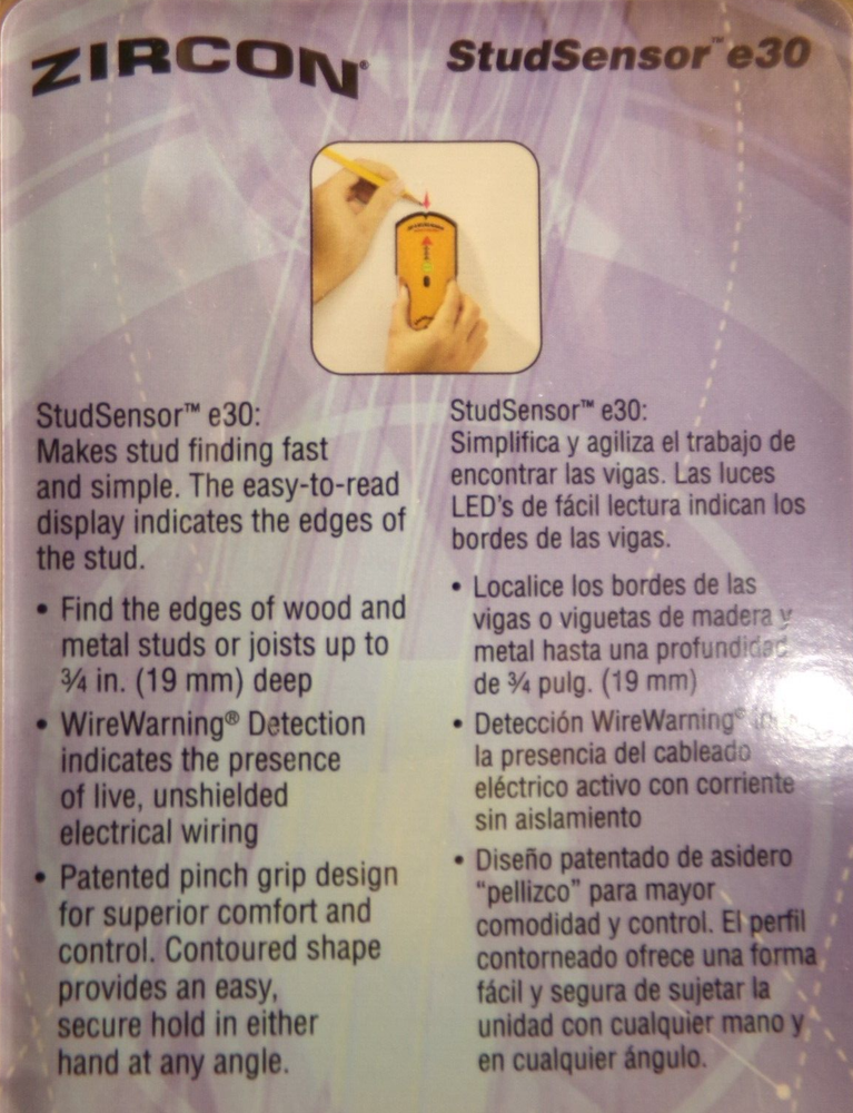 ZIRCON StudSensor e30, Stud Finder w/Wire Warning Detection, New A2