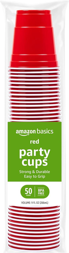 Amazon Basics SMALL 9Oz Disposable Plastic Party Cups, Red, 50 Count