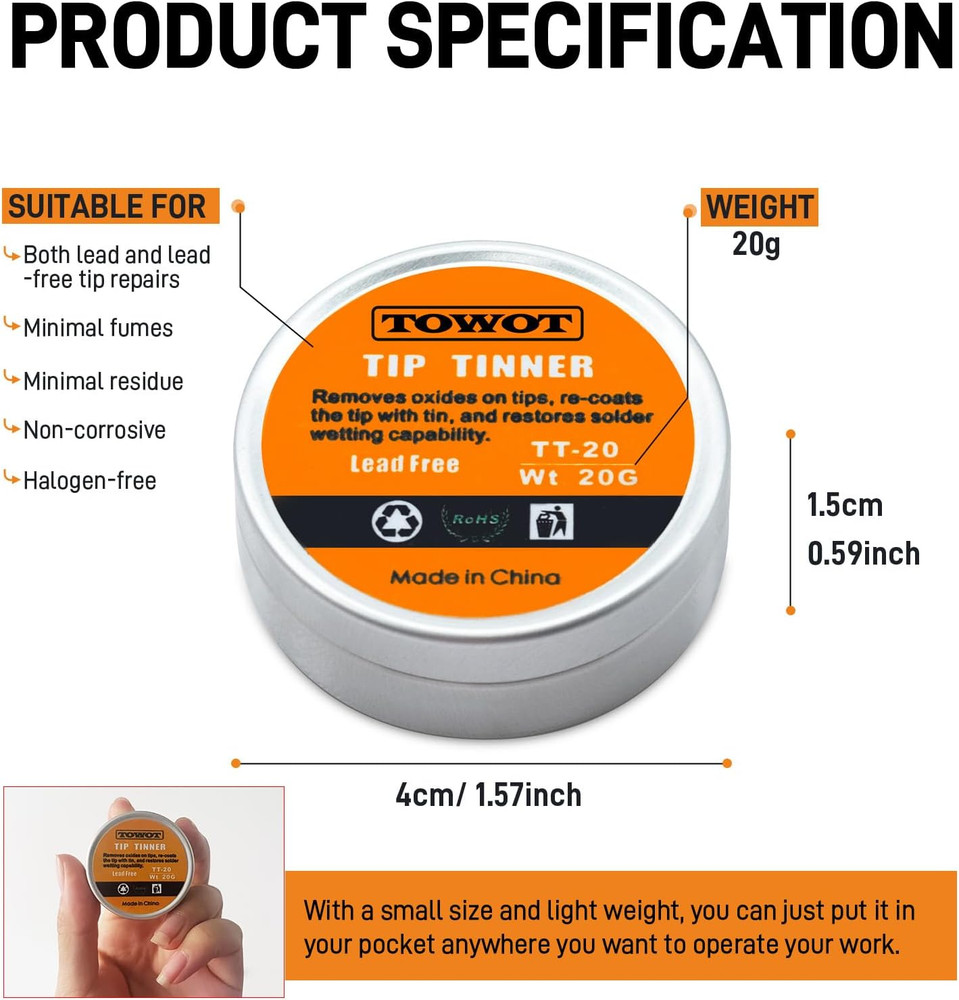 Tip Tinner for Electronics Soldering, Iron Tip and Re-Tinning Solution, Removes