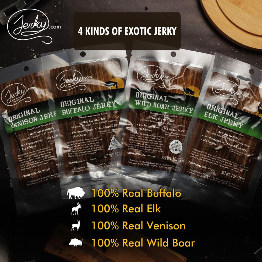 Exotic Jerky Variety Pack | 4pc Wild Game Snacks Sampler with Venison, Elk, Buff