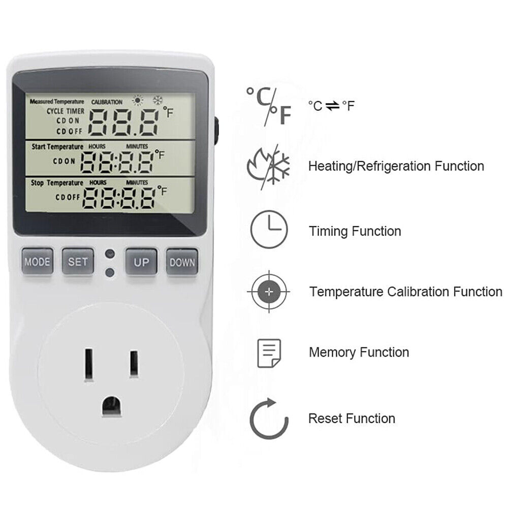 Digital Thermostat Heating Cooling Temperature Controller Outlet Plug w/ Probe