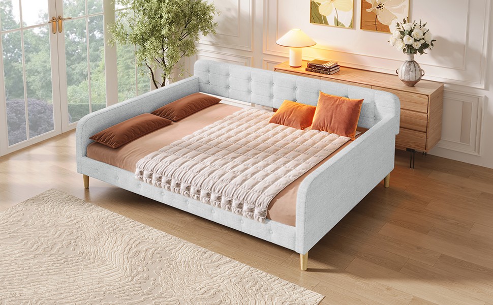Queen Size Upholstered Daybed with 4 Support Legs, Beige