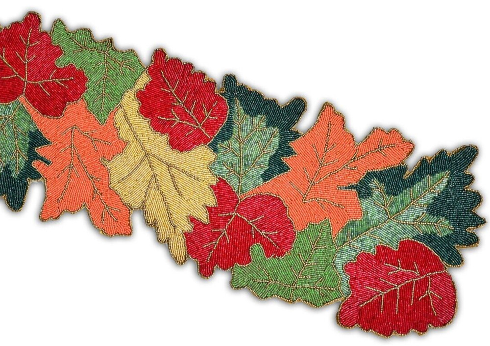 Multicolor Leaves Table Runner Beaded Fall Table Runner Autumn Tableware 13X36In