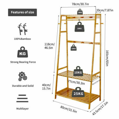 Solid Wood Coat Rack Stand Clothes Hanging Rail Rack Shelf Closet Hooks Portable