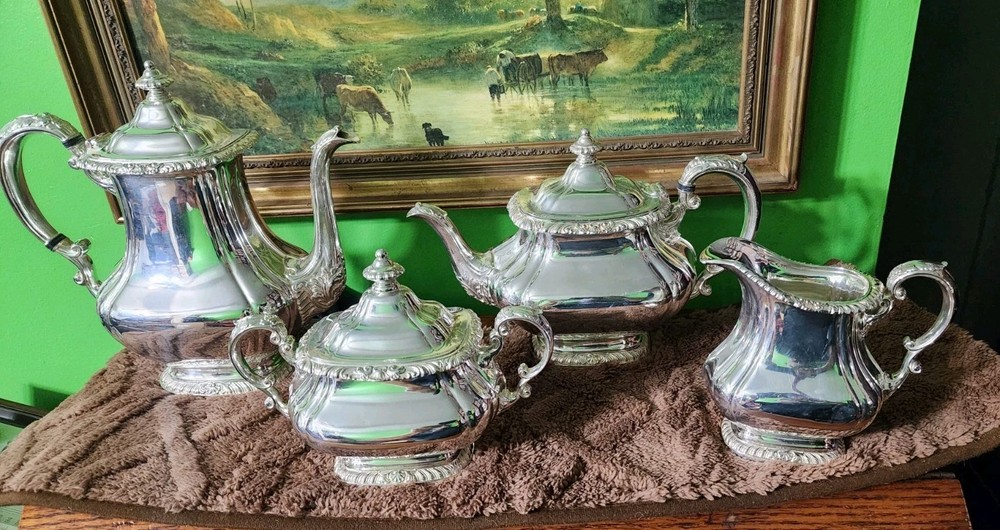 😎NICE! GORHAM ANTIQUE SHELL & GADROON SILVERPLATED 4pc COFFEE & TEA SET☕️🍵🍚🥛