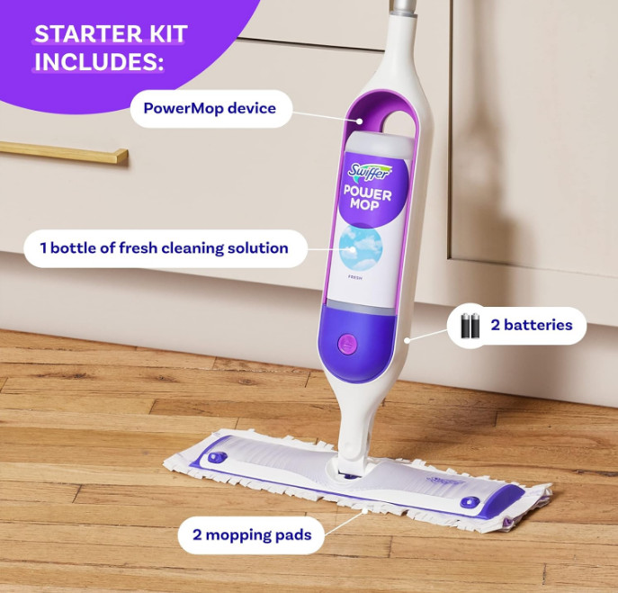 Swiffer PowerMop Kit – Includes Mop, 2 Pads, Cleaning Solution & Batteries