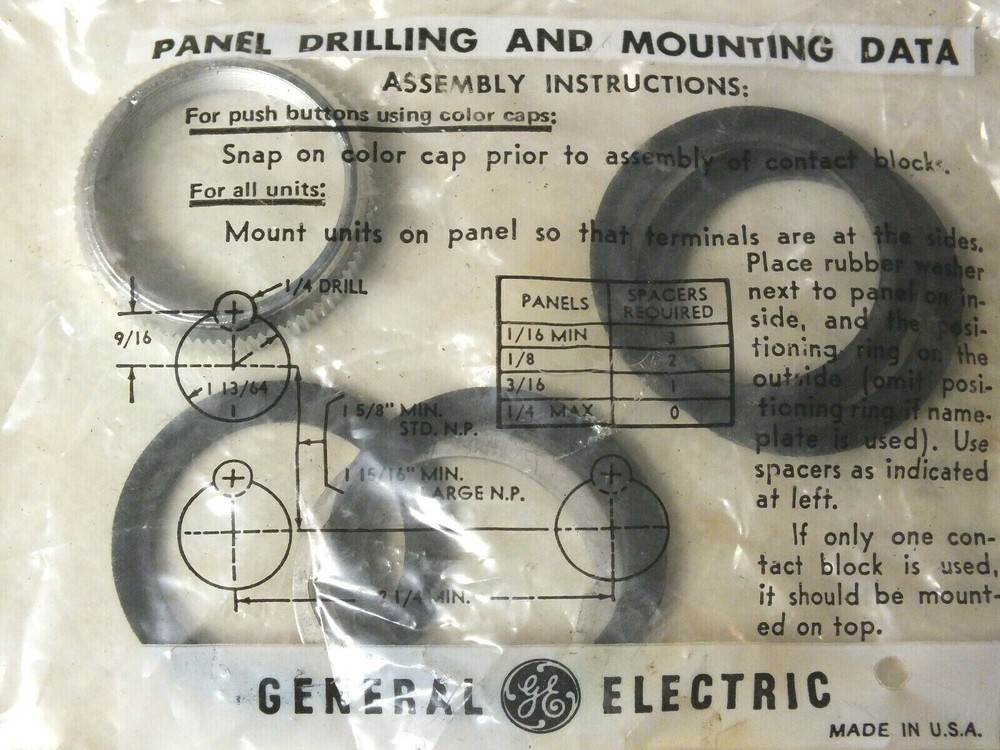 GE General Electric Panel Drilling And Mounting Data 1/16 Min 1/4 Max NOS