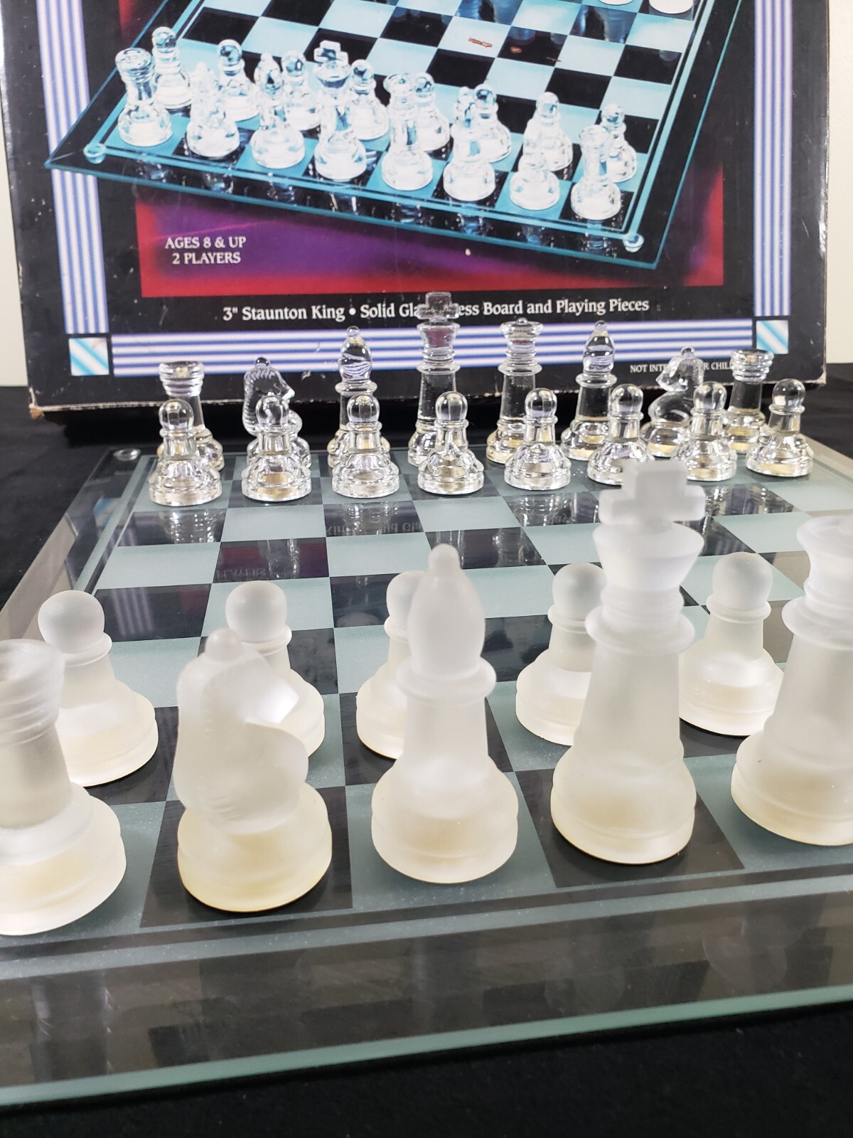 Chess Board Vtg 14 x 14 Glass w/ Glass & Frosted Playing Pieces Complete w/ Box