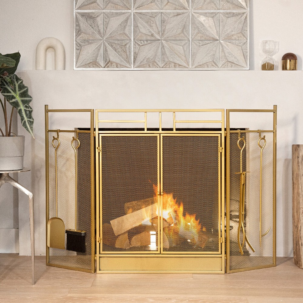 Barton 48" Fireplace Screen 3-Panel Foldable Doors With 4-Pieces Fireplace Tool