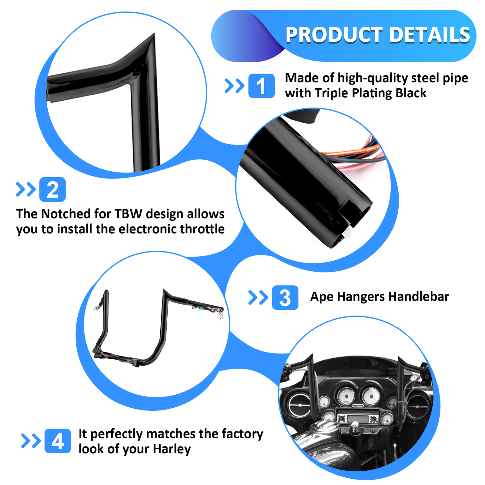 14" Pre-Wired Meathook Bar Handlebar For Harley Street Glide Electra Glide 08-13