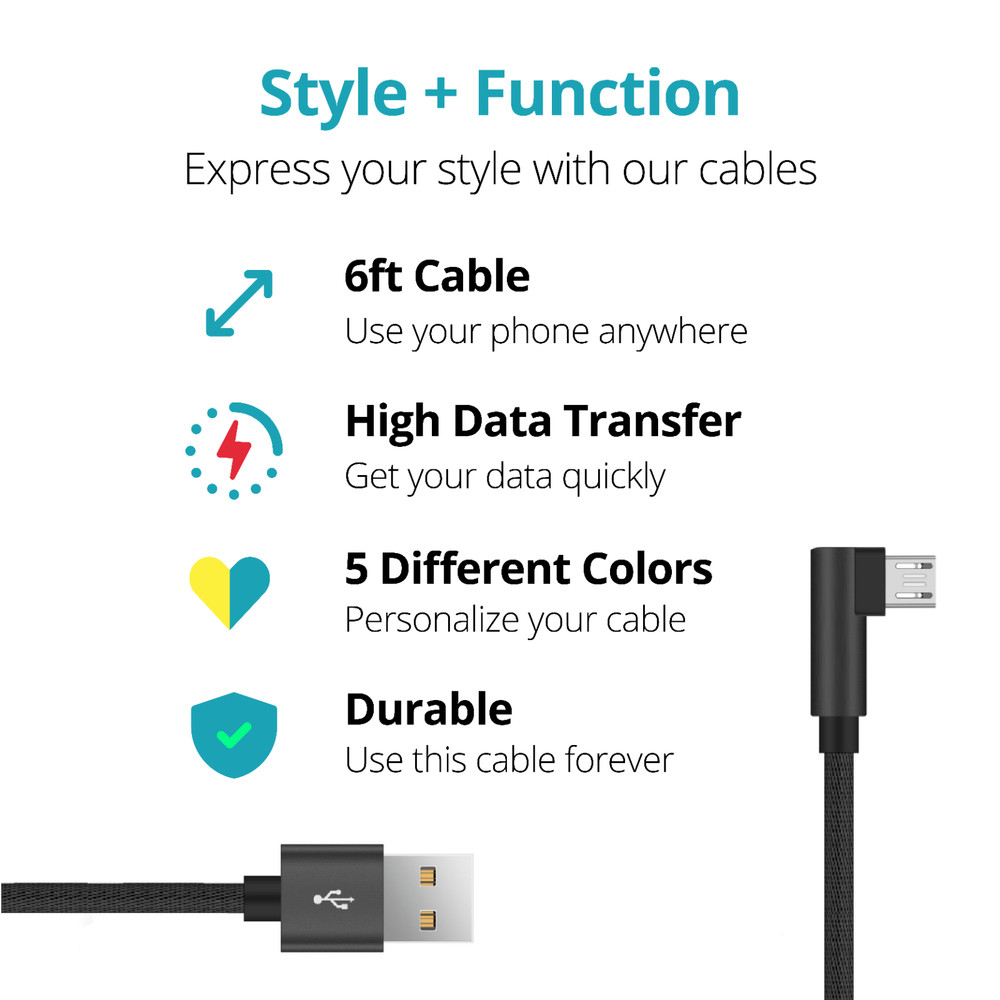 Reversible 90 Degree Right Angle Micro USB Cable Fast Charging Cord 6FT