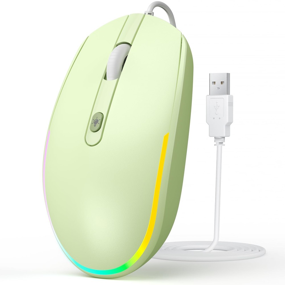 Wired Mouse with RGB Backlit USB Computer Mice Attached Cord Green