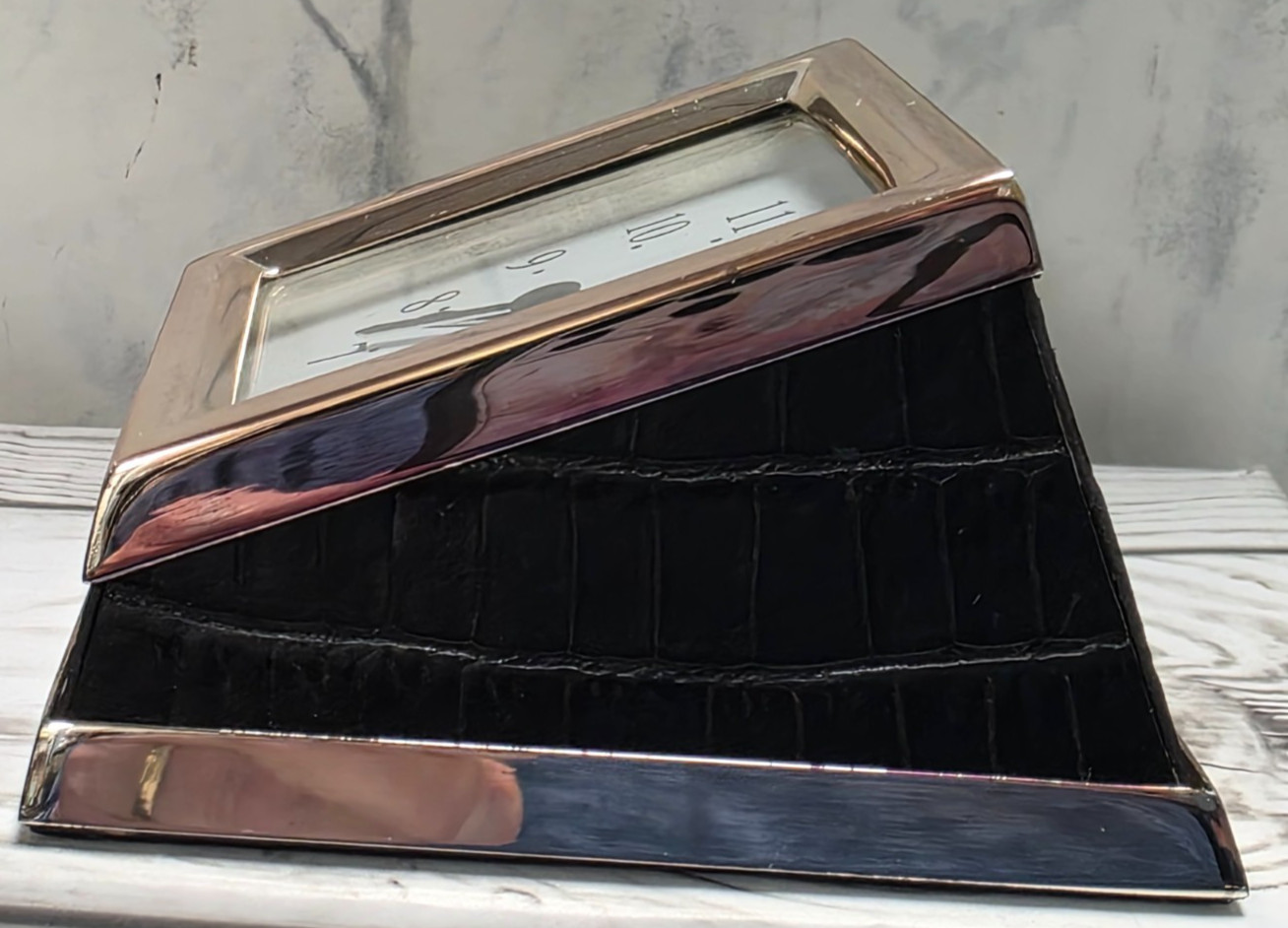 Waterford Free Standing Desk Clock, Faux Black Crocodile & Silver Plate Outline