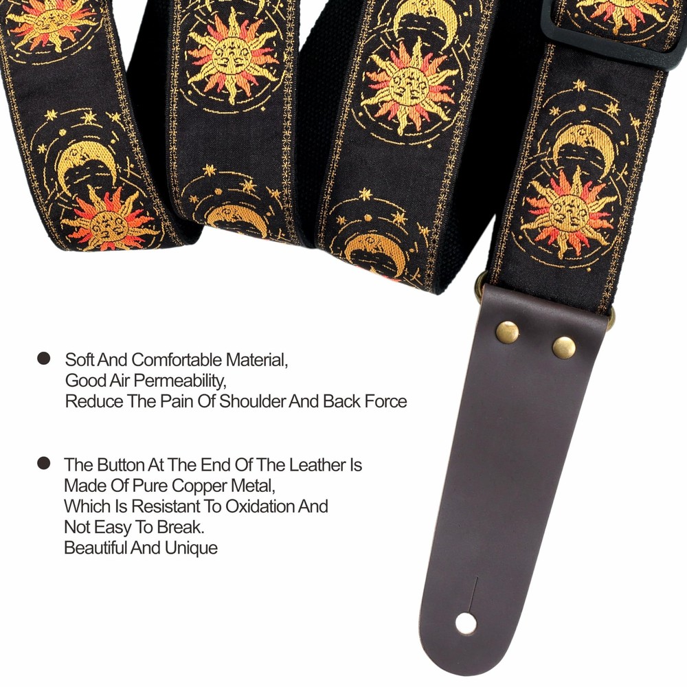 Nefelibata Guitar Strap - Sun & Moon Embroidery Leather Ends 4 Picks
