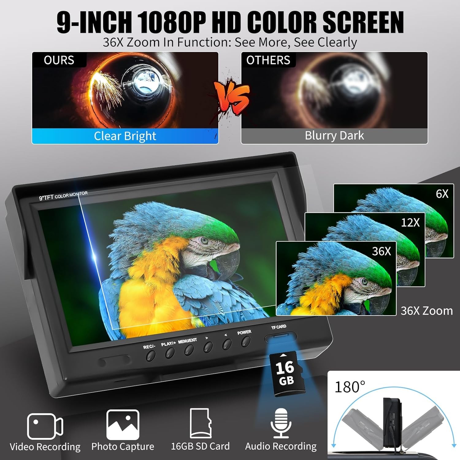 Sewer Camera 100FT/30m Self-Leveling Drain Camera with 1080P HD 9” Screen 16GB