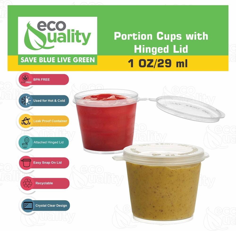 1oz Clear Portion Plastic Cup Hinged Lid Leak Proof Disposable Container 50pcs
