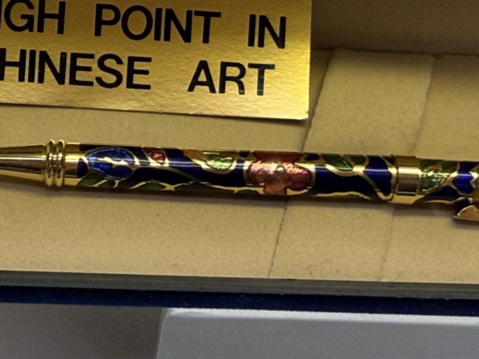 Vtg 1980s Chinese Blue & Floral Cloisonné Art Ballpoint Pen With Box Black Ink