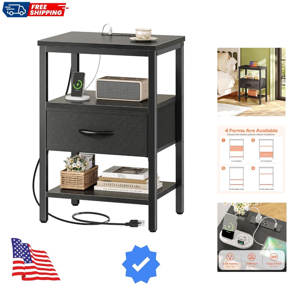 Nightstand with Charging Station, Bed Side Table with Adjustable Fabric Drawe...