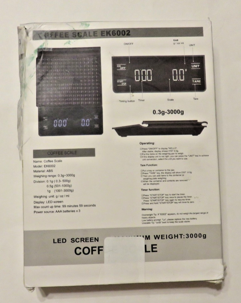 Coffee Scale LED Screen 3000 Gram Model: EK6002 NEW Open Box! Damaged Packaging!