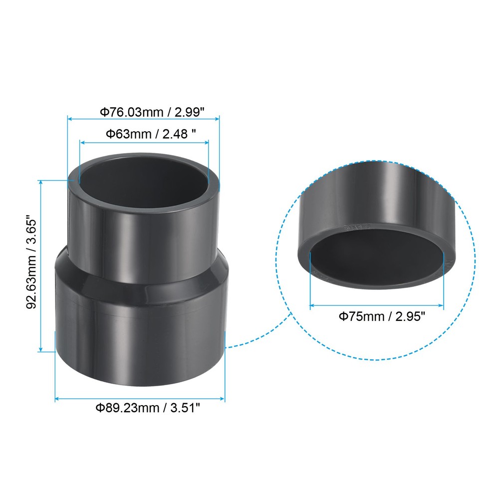 PVC Reducer Pipe Fitting 3x2.5" Socket Coupling Adapter Connector, Grey