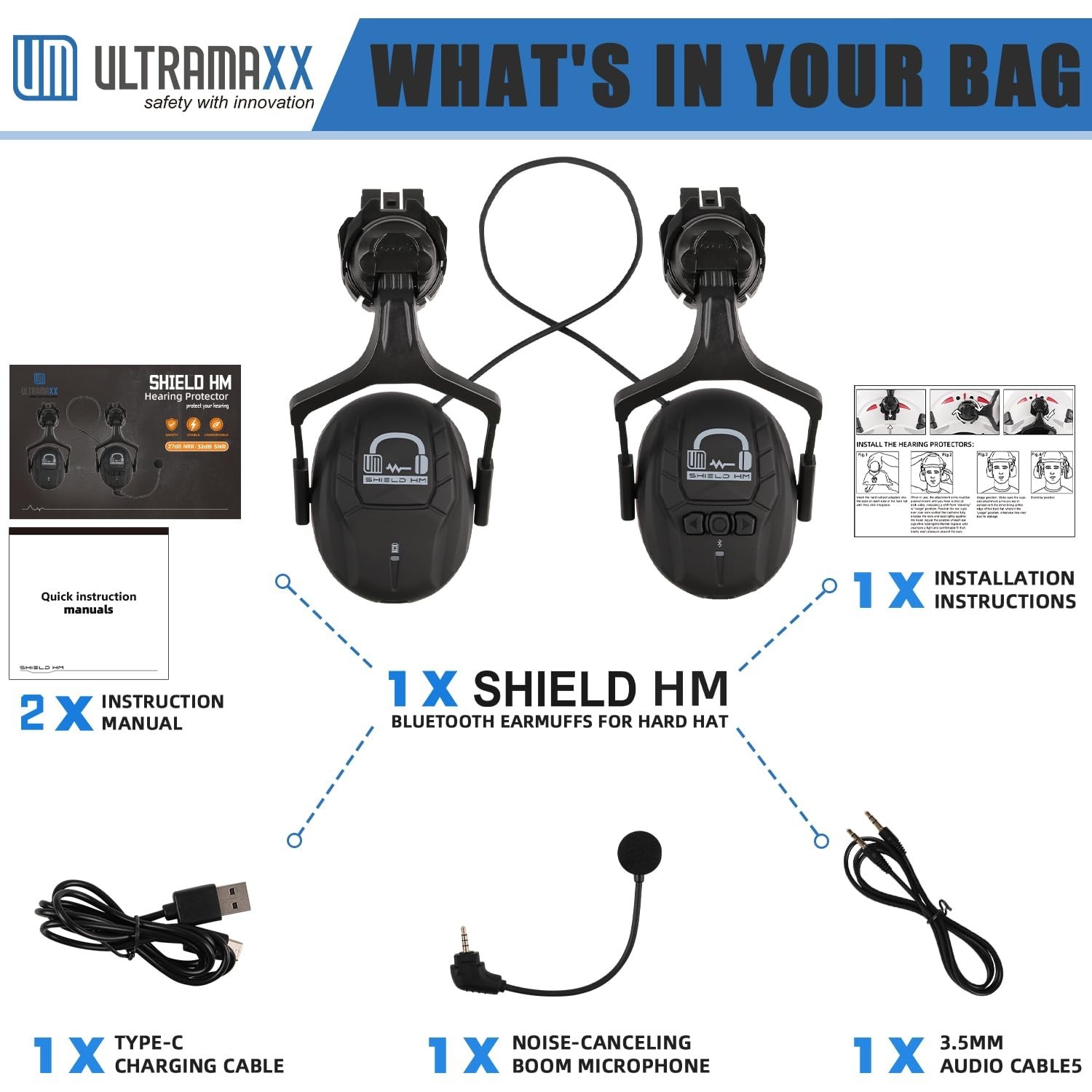 Bluetooth Hard Hat Ear Muffs, NRR 27 dB Adjustable Cap-mounted Work Headphone...